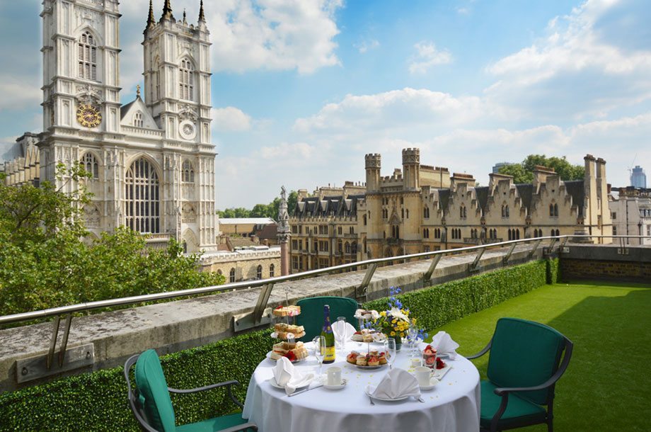 Afternoon tea table set-up for 2, on CHW balcony overlooking Westminster