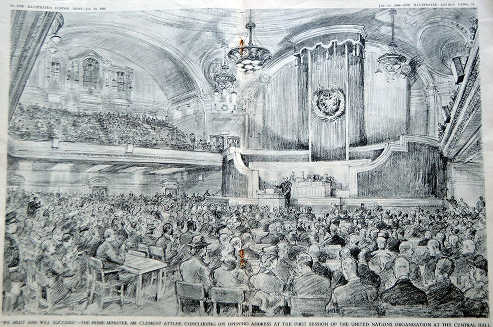 B&W illustration of PM Atlee giving UN opening speech