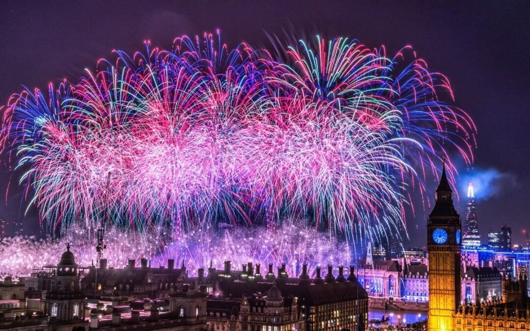 New years eve firework display seen from balcony of live broadcasting venue in London