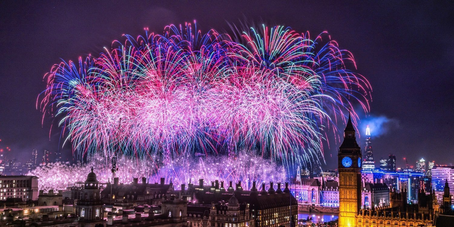 New years eve firework display seen from balcony of live broadcasting venue in London
