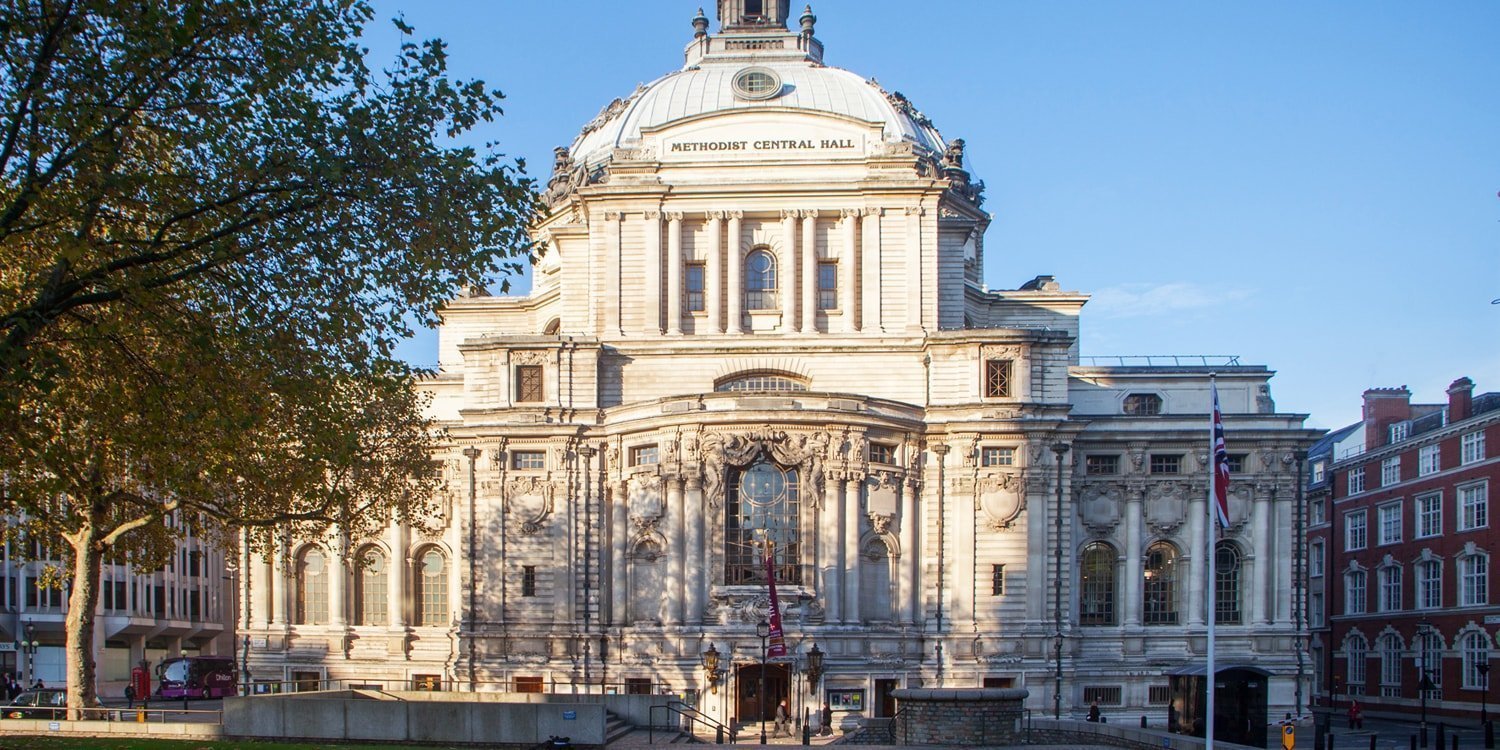 Early morning external shot of London conference venue Central Hall Westminster