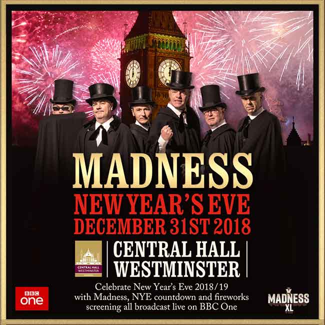 Poster for band Madness headlining New Year's Eve concert at Central Hall Westminster