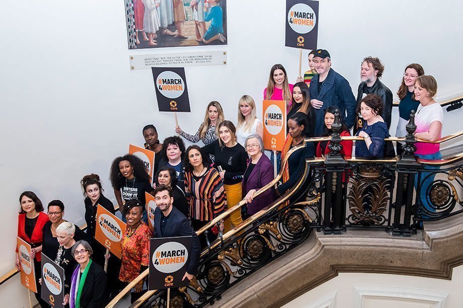 People and celebrities on stairs at Central Hall Westminster #March4Women event