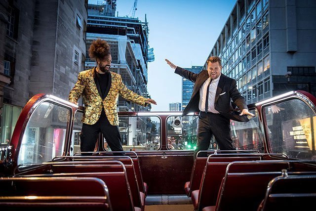 James Corden on a bus hosting the Late Late show at London broadcasting venue