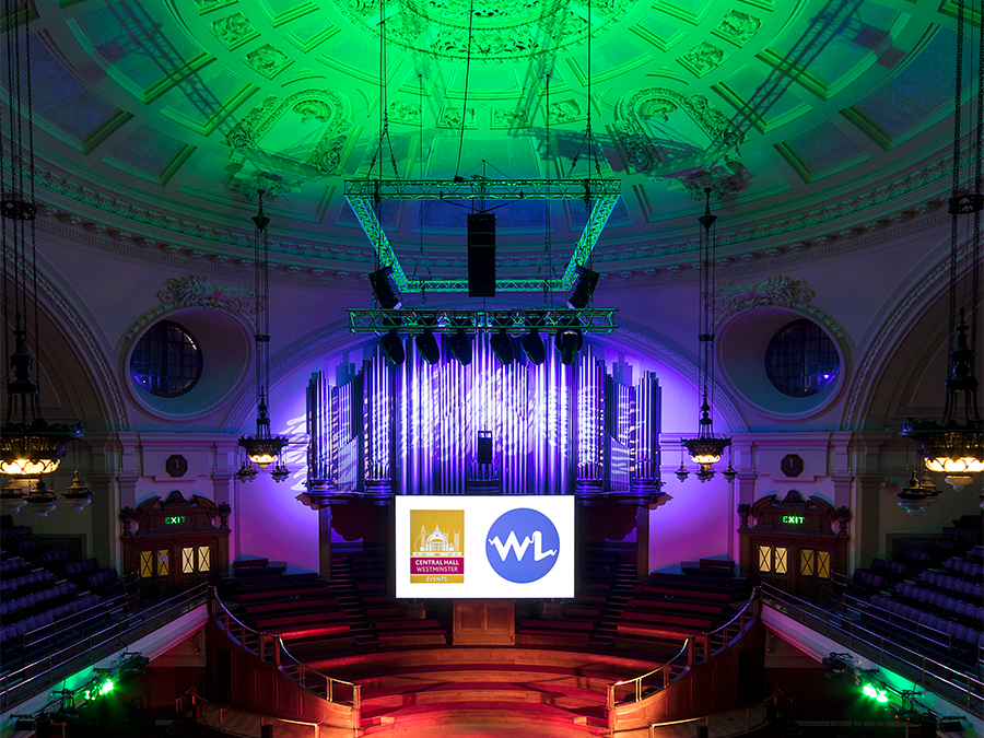 CHW Great Hall Lit up in Green and Purple