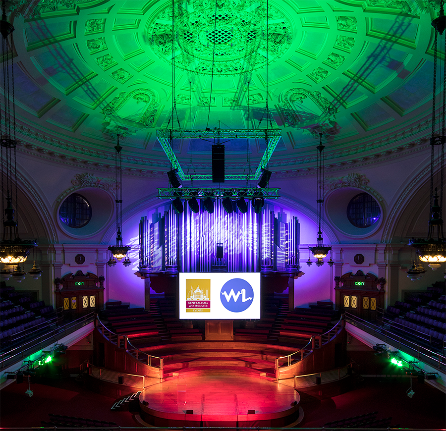 CHW Great Hall Lit up in Green and Purple